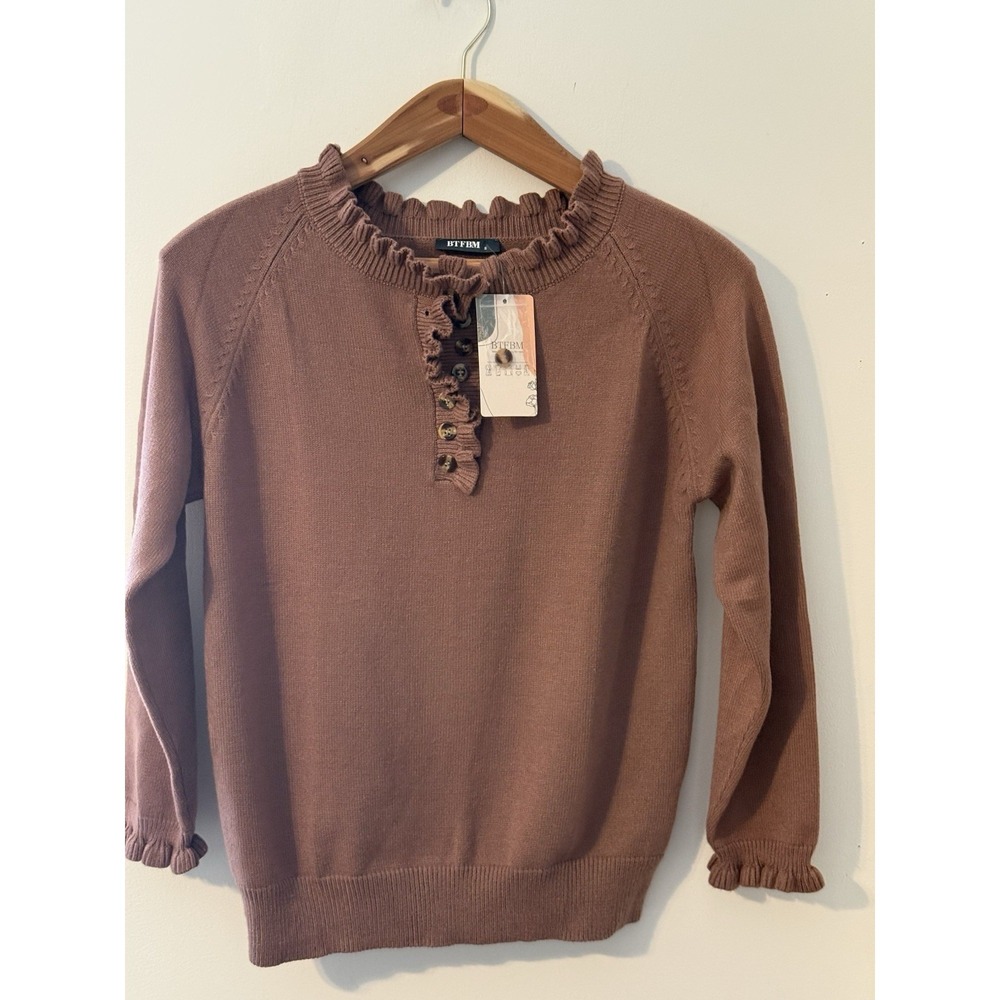 BTFBM mauve  Knit Pullover Sweater Ruffle Neck‎ Button NWT Spring Feminine